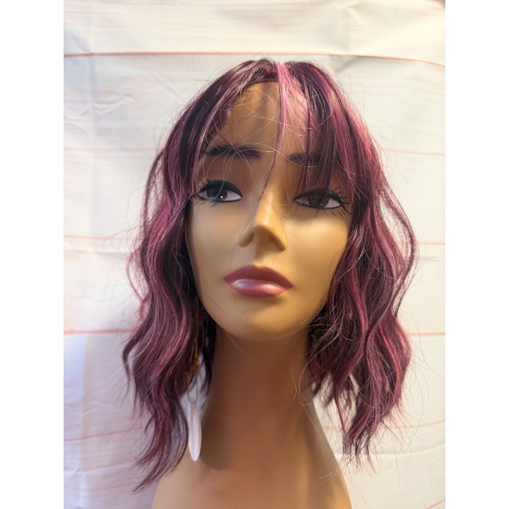 Pink highlighted wavy banged wig